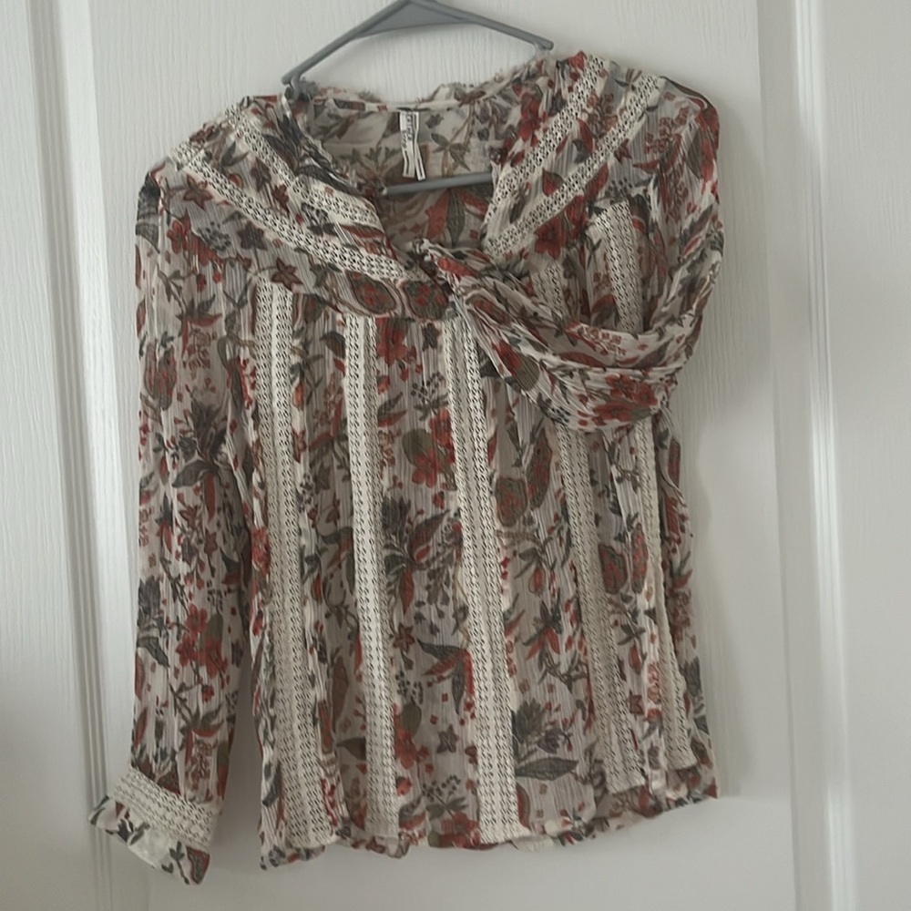 Anthropologie Feather Bone Elena Top Floral Printed Lace Sheer Blouse Button 4US - Picture 9 of 11